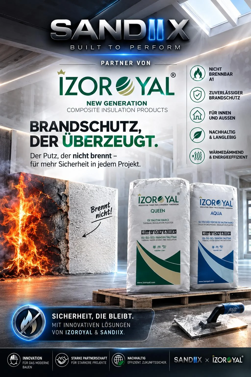 SANDIIX × IZOROYAL Brandschutz-Plakat: der Putz, der nicht brennt