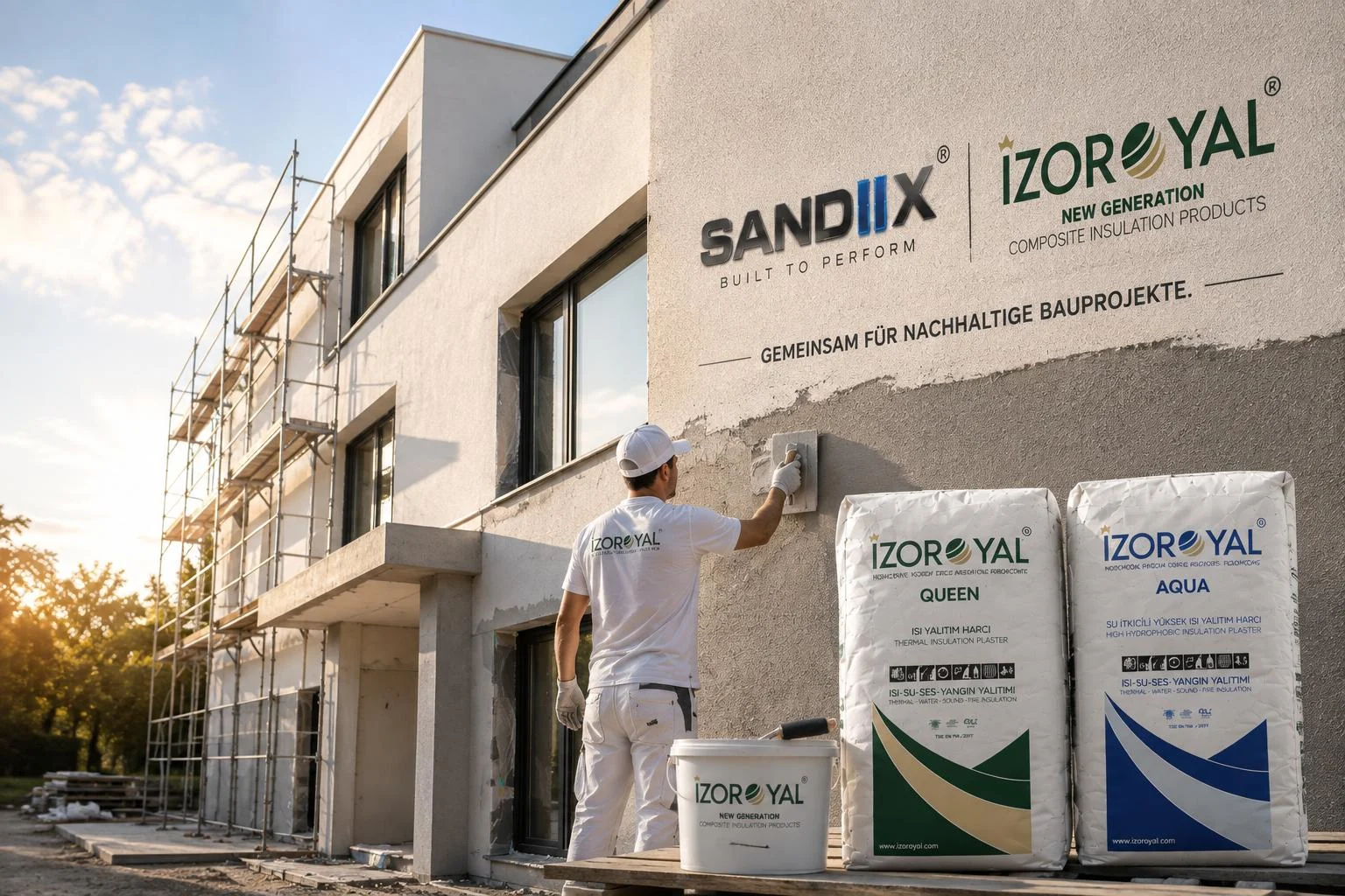 Verarbeiter trägt IZOROYAL Dämmputz an einer Fassade auf, daneben die Gebinde QUEEN und AQUA